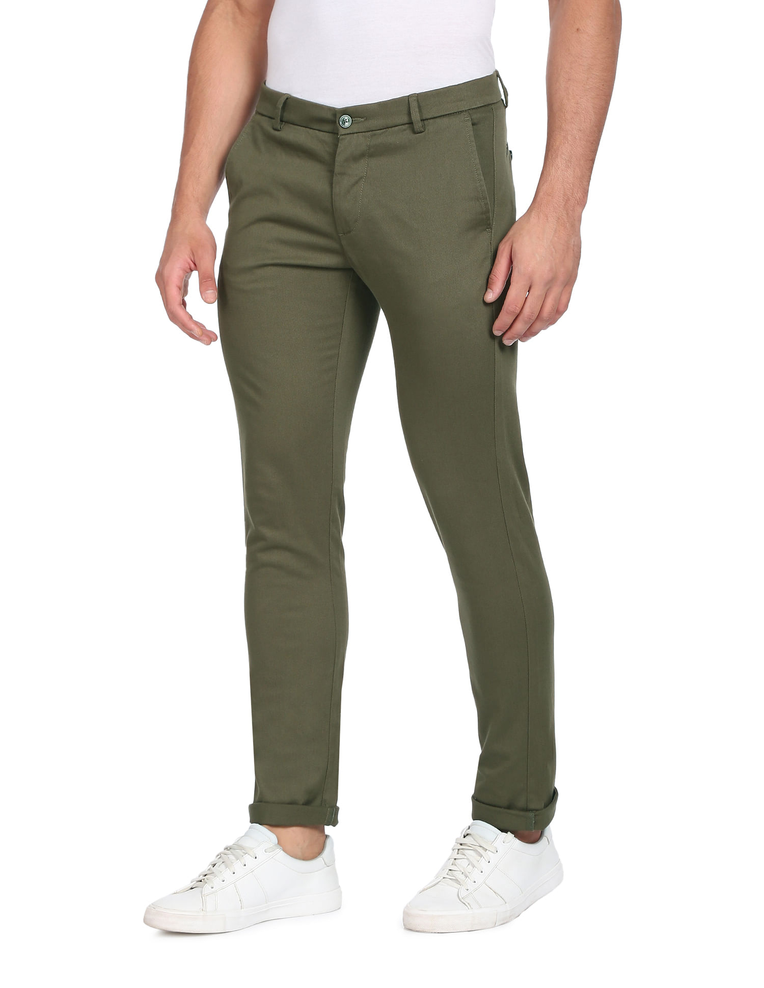 Spykar Olive Green Cotton Slim Fit Regular Length Trousers For Men -  vot02bbcg034olivegreen