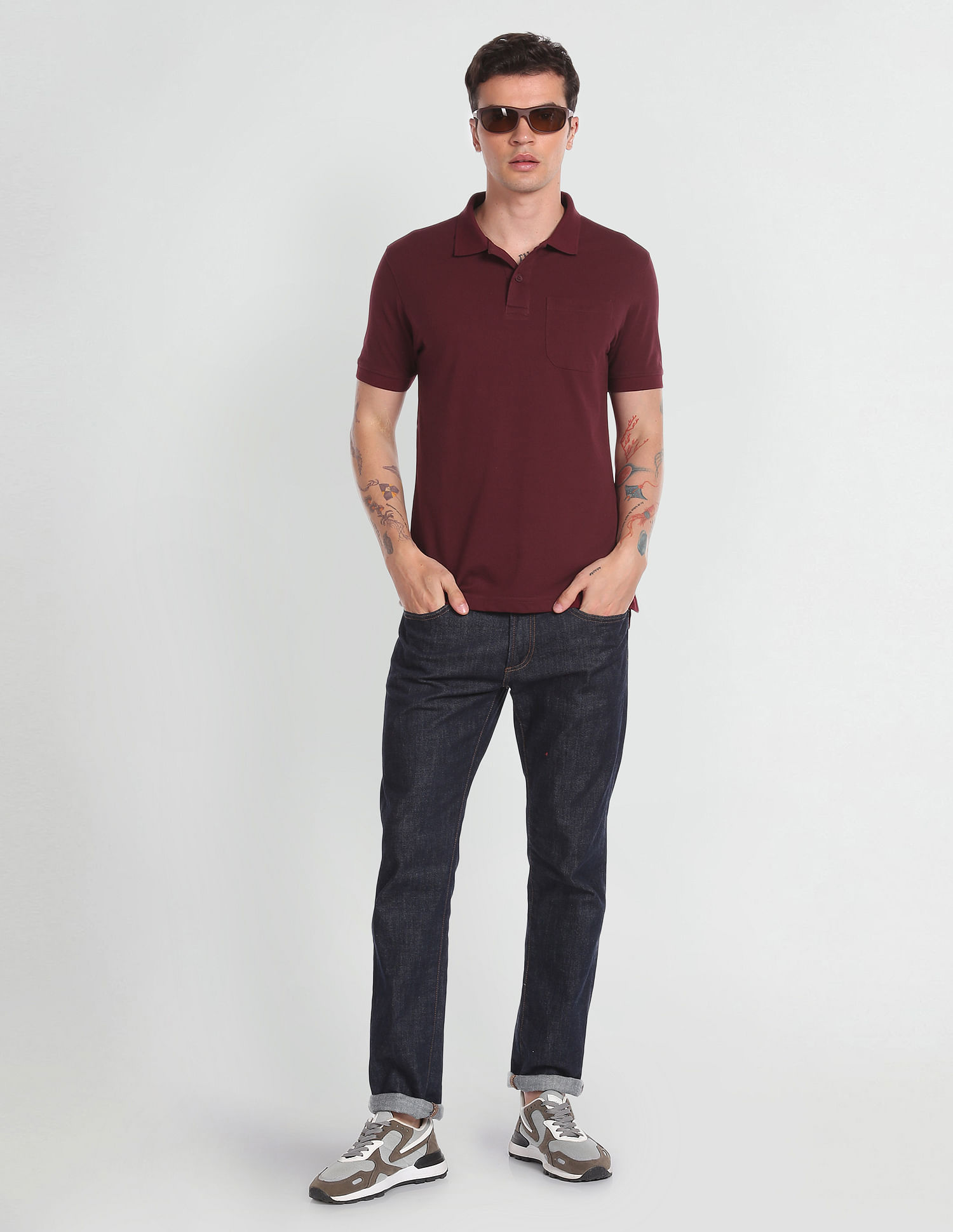 Flying Machine Solid Chest Patch Pocket Polo Shirt