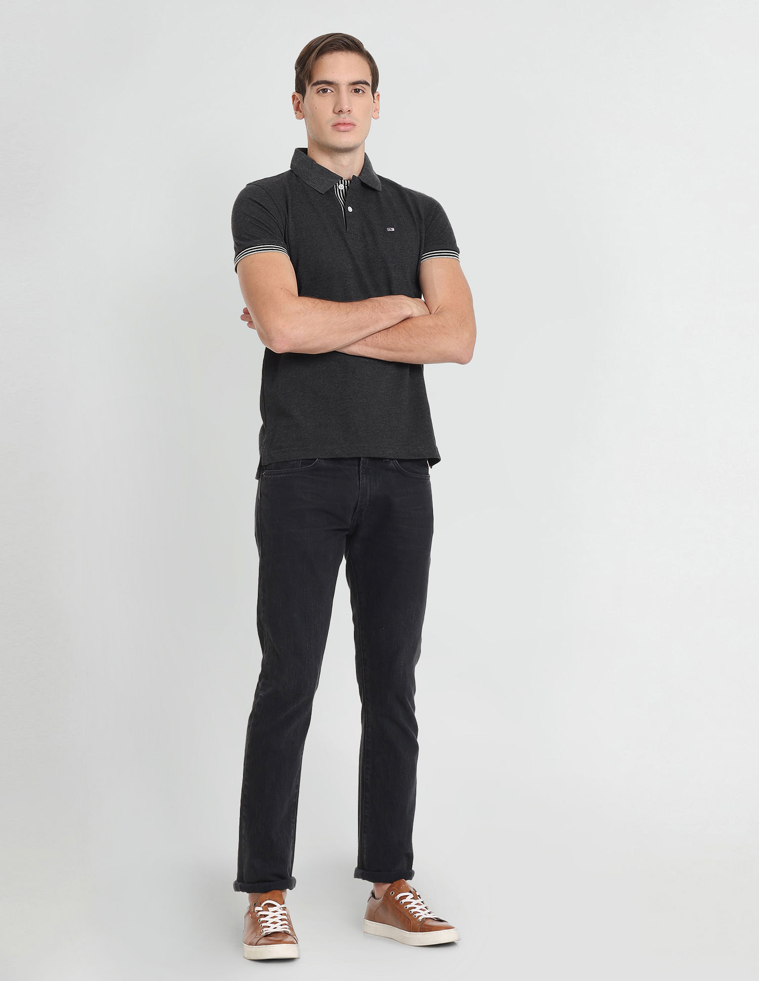 Arrow Sports Striped Sleeve Hem Heathered Polo Shirt