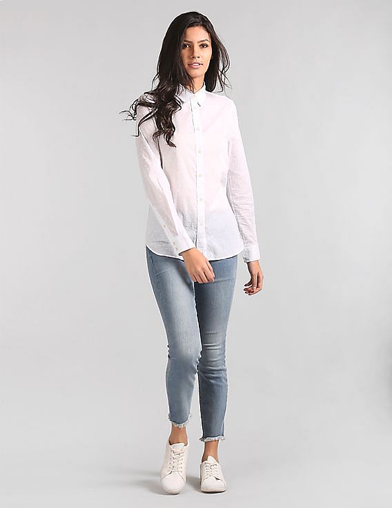 GAP Women White New Fitted Boyfriend Swiss Dot Shirt