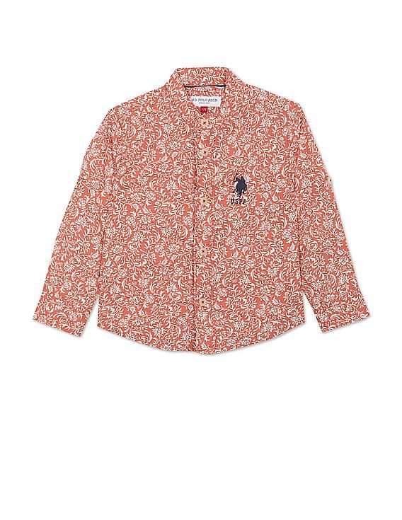 U.S. Polo Assn. Kids Boys Mandarin Collar Floral Print Cotton Shirt