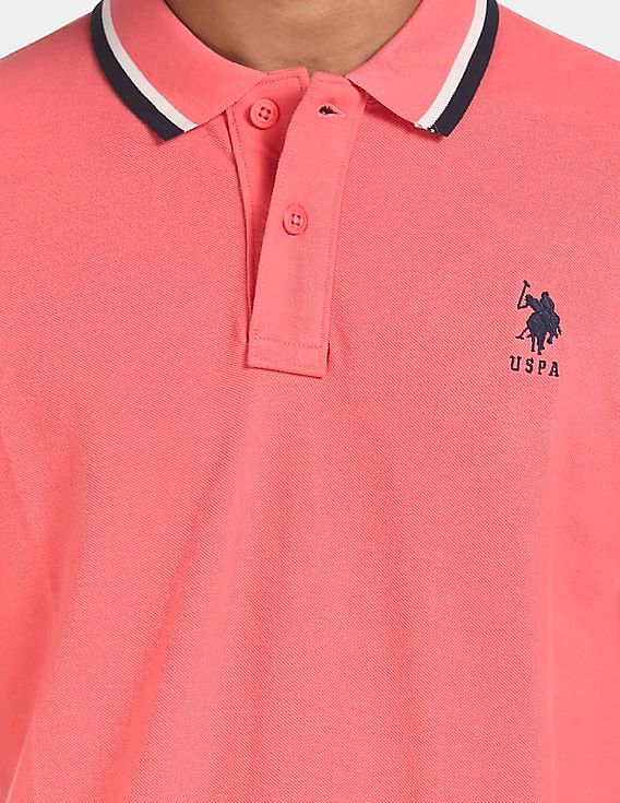 U.S. Polo Assn. Men Pink Tipped Collar Cotton Solid Pique Polo Shirt