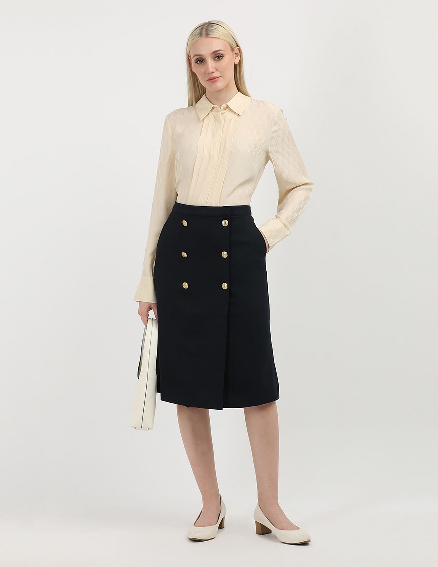 Tommy Hilfiger Gold Button Twill Midi Skirt