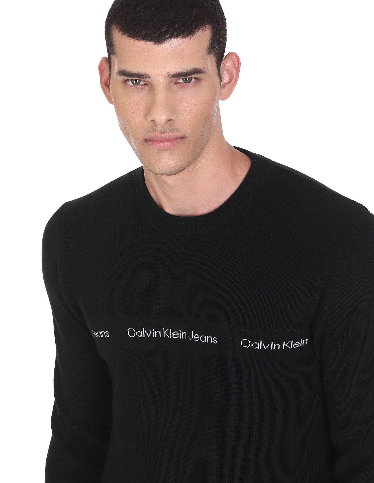 Buy Calvin Klein Men Black Brand Tape Solid Knitted Sweater 
