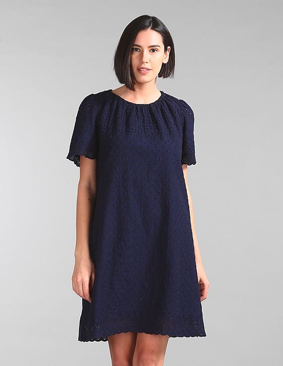 short sleeve eyelet shift dress Ellis Island Eyelet Shift Dress in Royal Blue