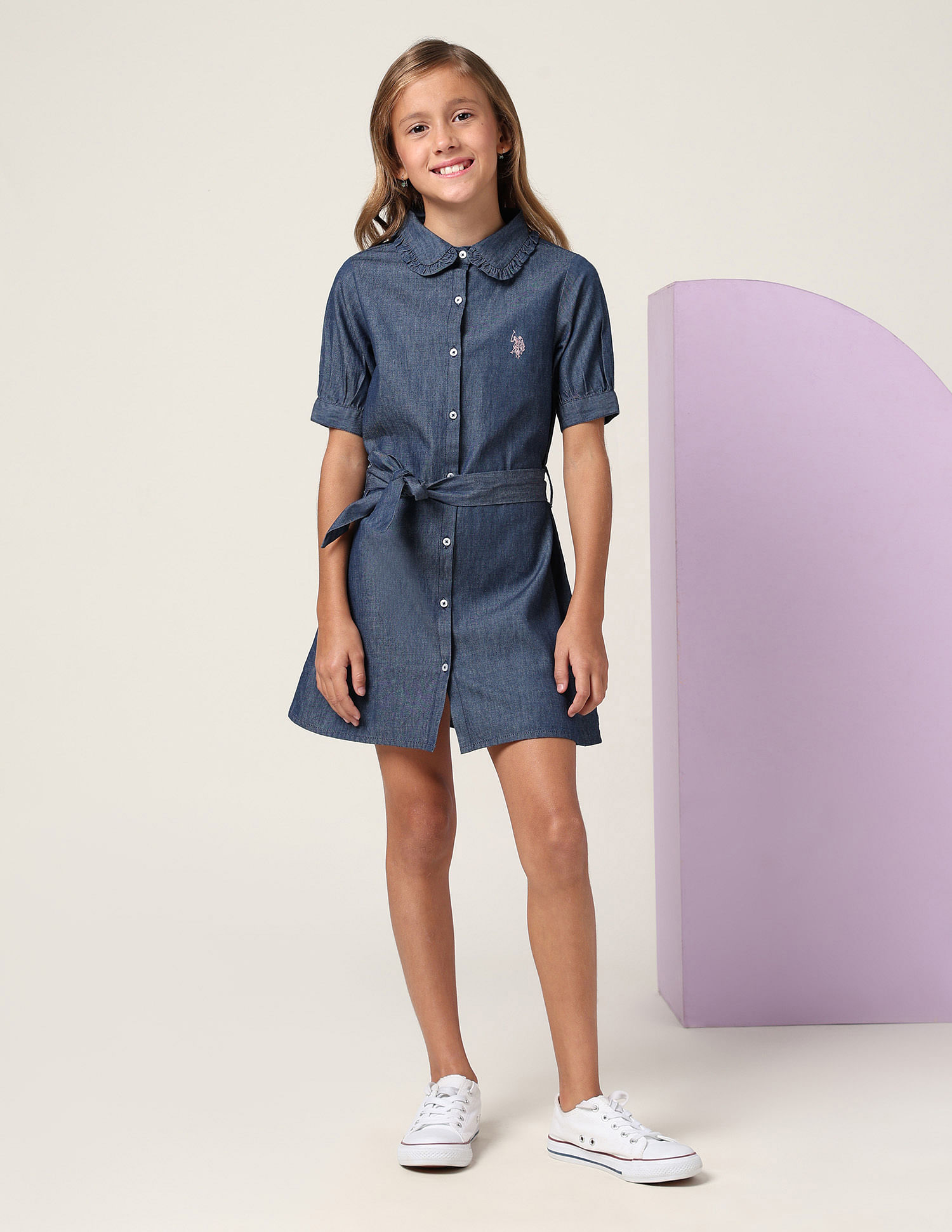 U.S. Polo Assn. Kids Girls Solid Denim Shirt Dress