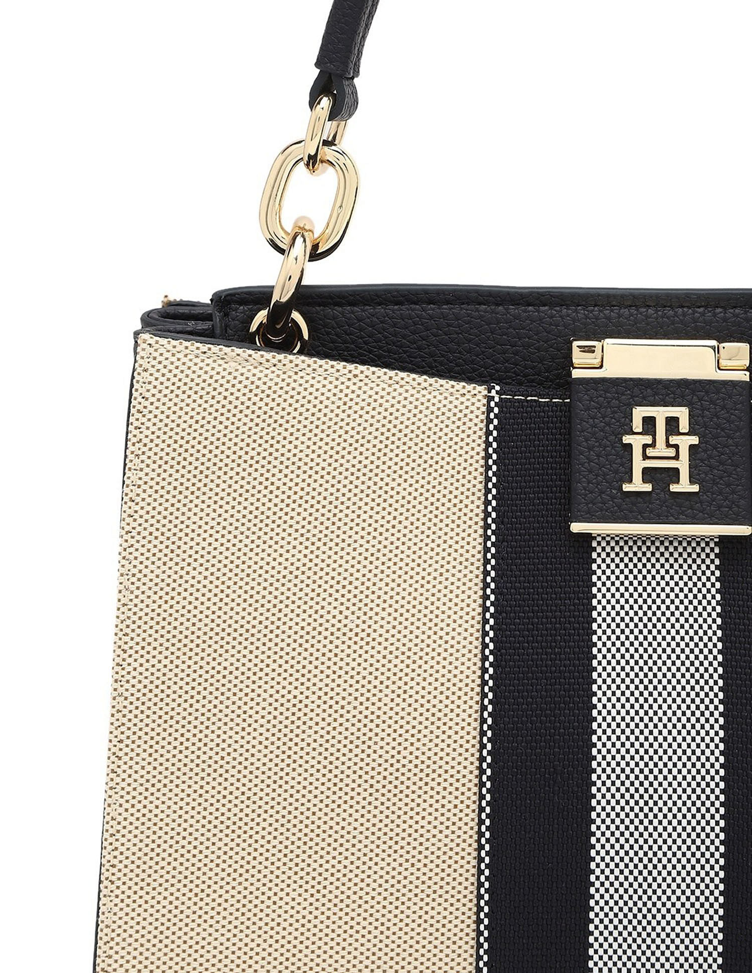Tommy Hilfiger Striped Black PU Hand Bag