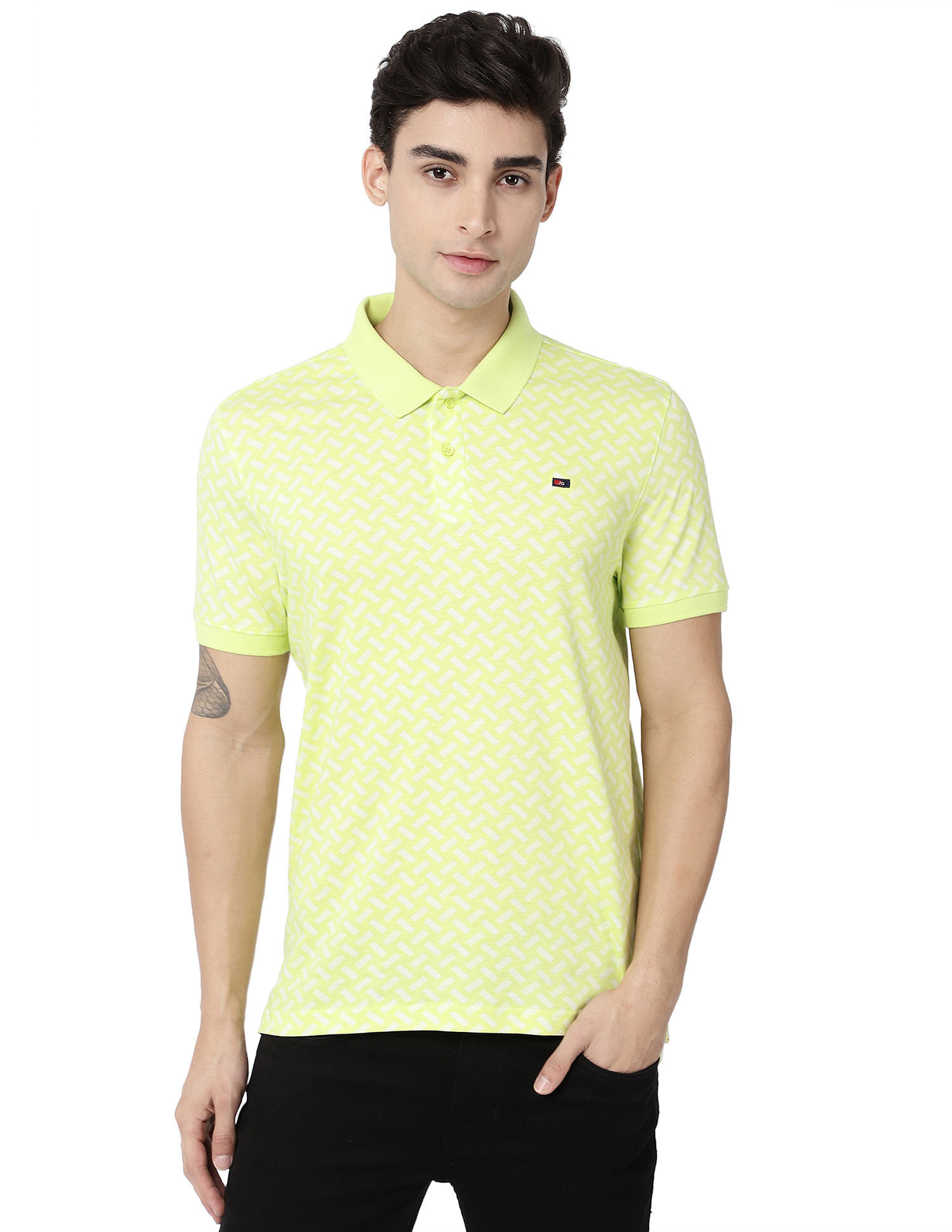 AD by Arvind Men Lime Geometric Print Cotton Polo Shirt