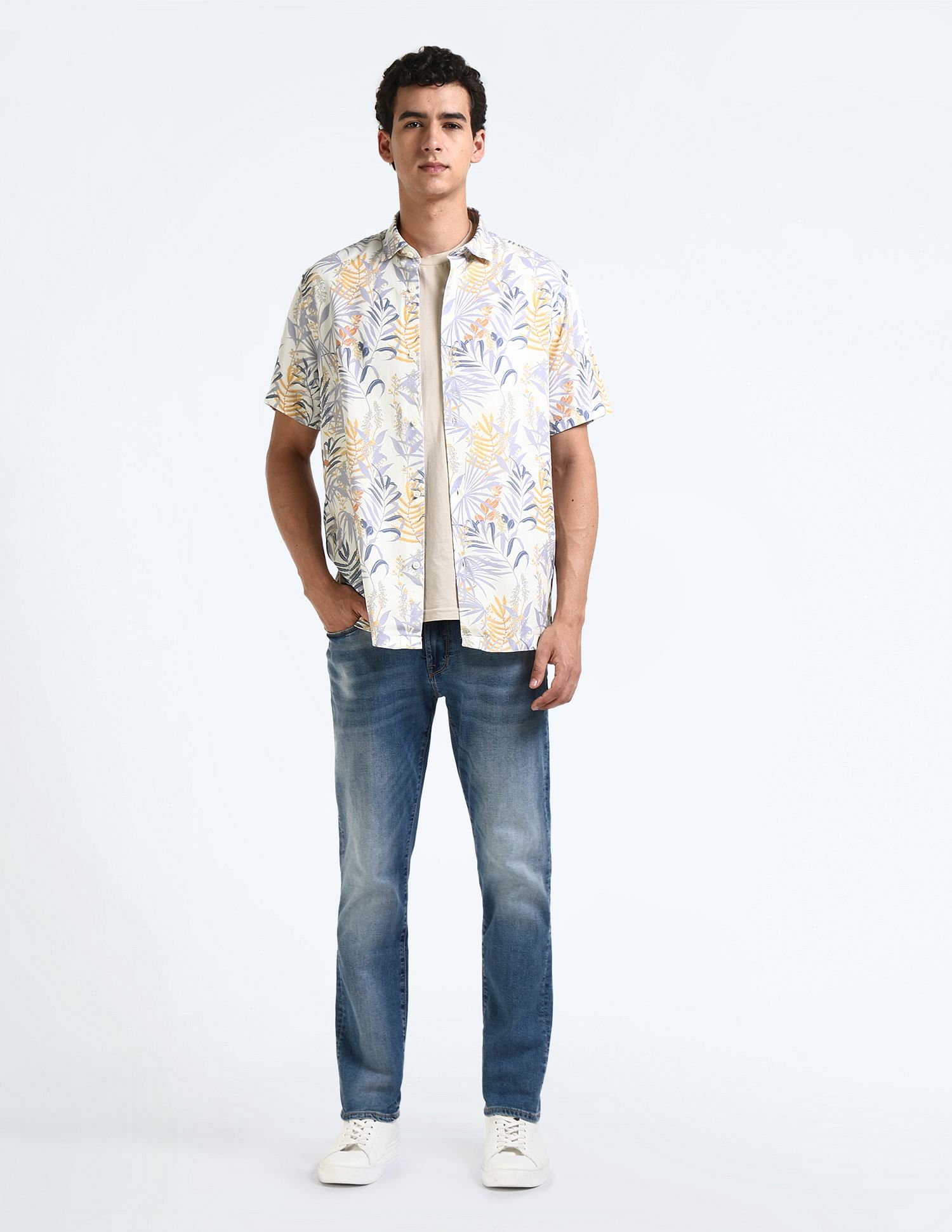 Flying Machine Tropical Print Spread Collar Shirt