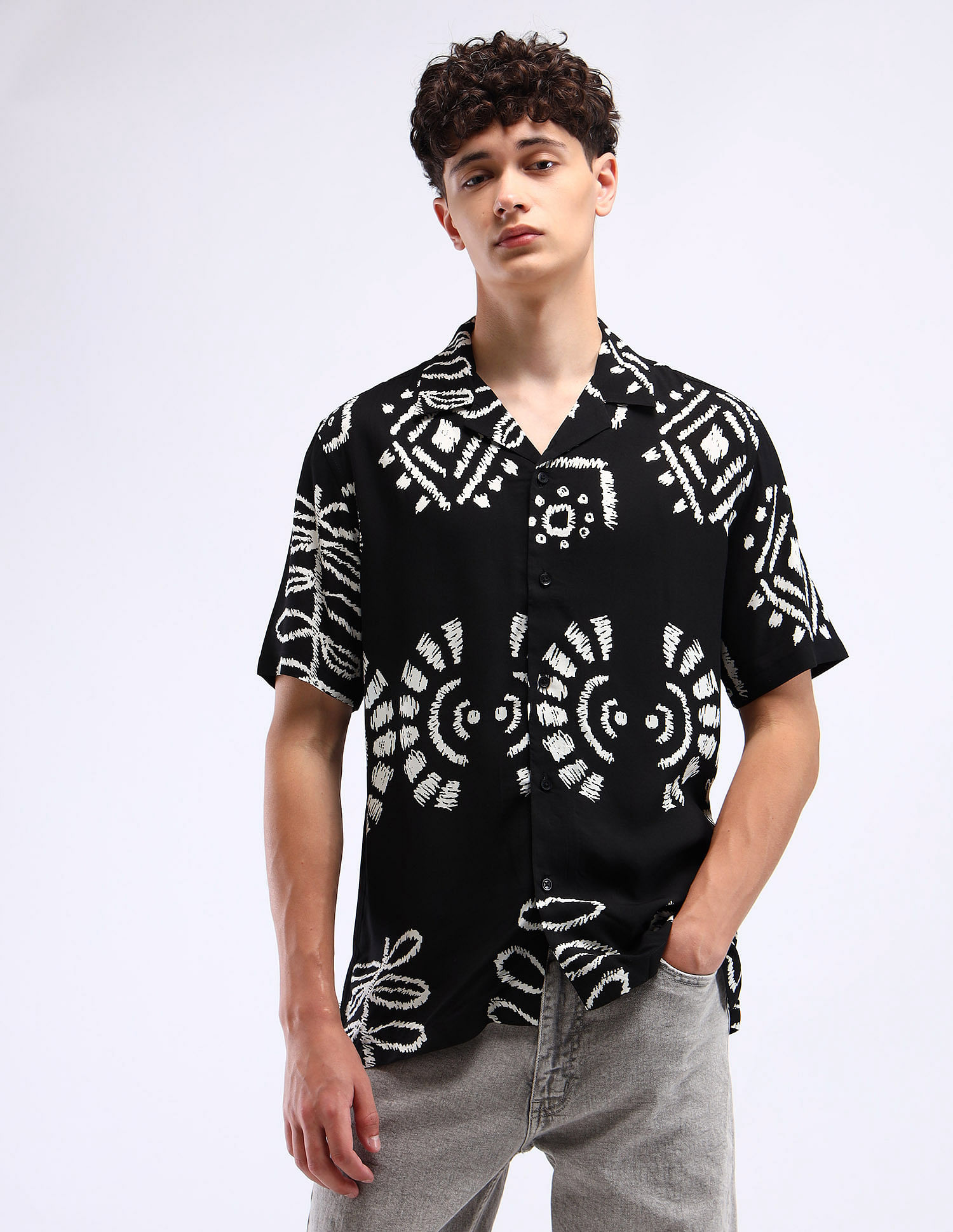 Flying Machine Cuban Collar All-Over Print Shirt