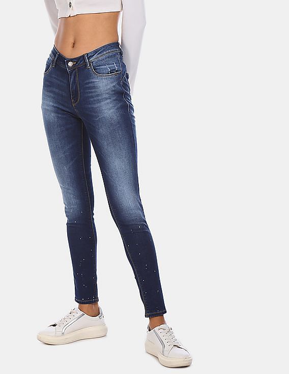 Flying Machine Women Blue Paint Splattered Twiggy Super Skinny Fit Jeans