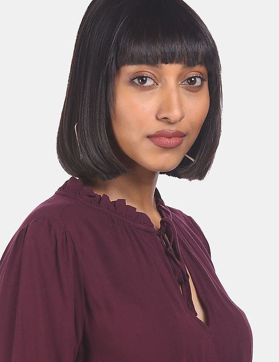 Buy GAP Women Burgundy Ruffle Accent Tie-Up Neck Solid Dress - NNNOW.com