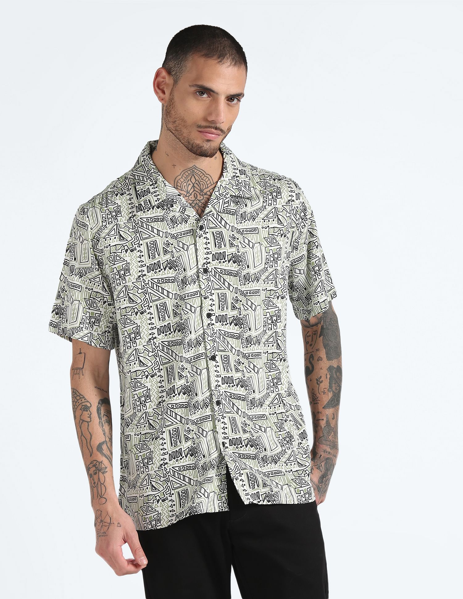 Flying Machine Cuban Collar Geometric Print Shirt