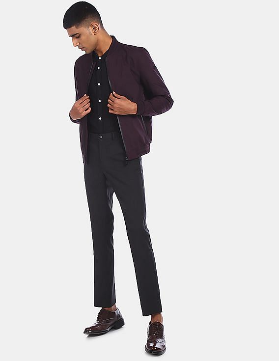 U.S. Polo Assn. Men Dark Purple Ribbed Stand Collar Solid Bomber Jacket