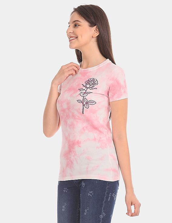 Aeropostale Women Pink Crew Neck Allover Dye Cotton Jersey T-Shirt