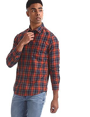 red and navy check shirt