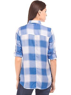 Roll Up Long Sleeve Checkered Cotton Boyfriend Shirt Womens Plaid Flannel Shirt 