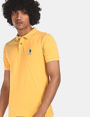 U S Polo Assn Men Yellow Cotton Solid Pique Polo Shirt