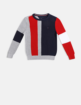 Tommy Hilfiger Kids Boys Grey And Navy Crew Neck Colour Block Sweater