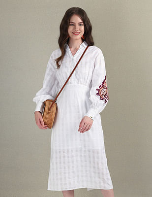 U S Polo Assn Women Cotton Flax Embroidered Dress