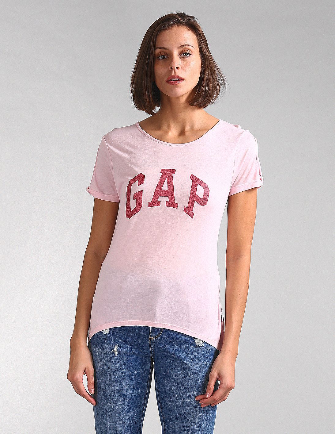 Buy GAP Women Pink Cutout Sleeve Logo Print T-Shirt - NNNOW.com