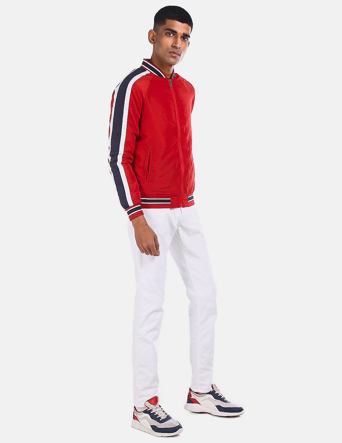 Buy Flying Machine Men Red Stand Collar Contrast Striped Bomber