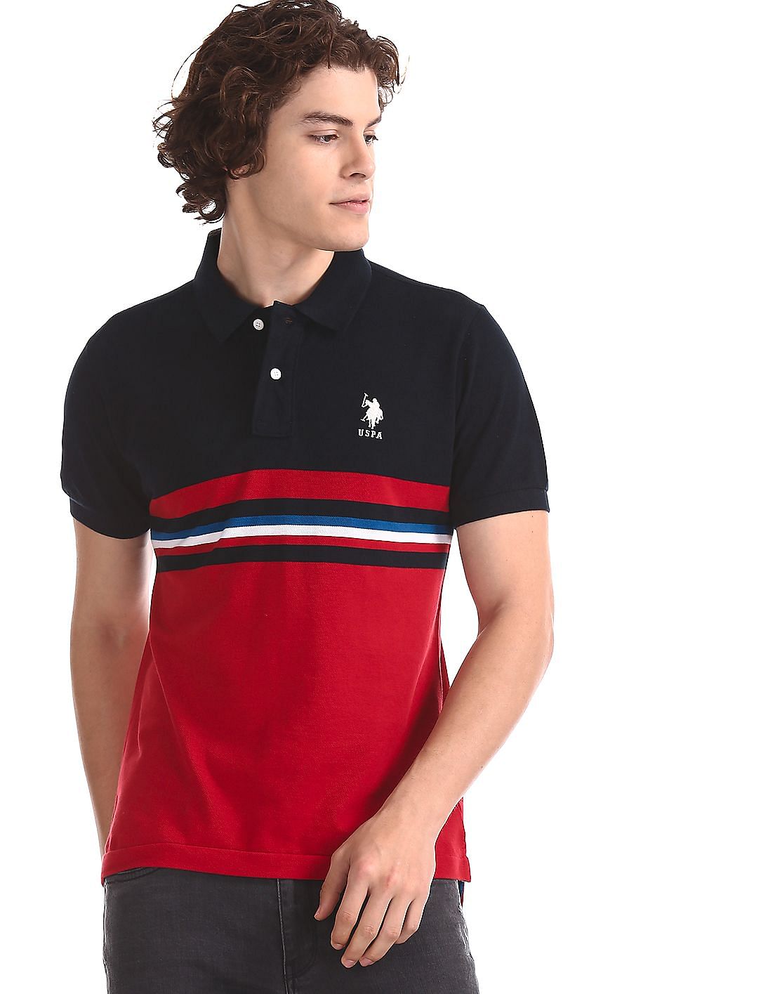 Buy Men Navy And Red Colour Block Polo Shirt online at NNNOW.com