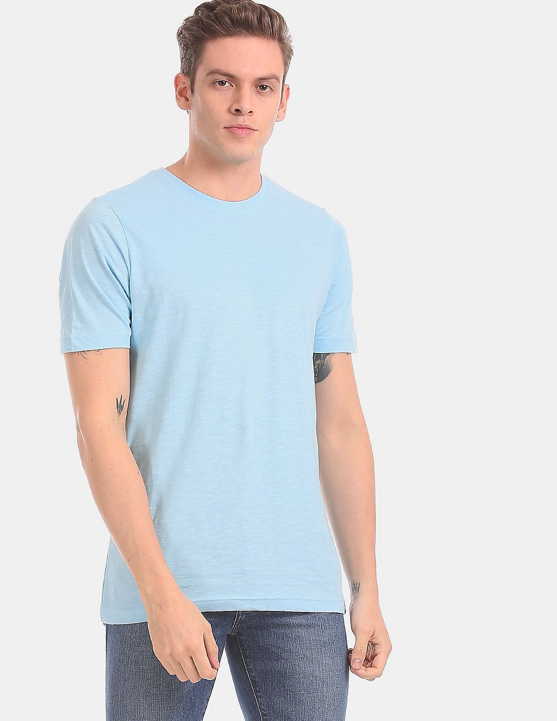 Buy Ruggers Men Light Blue Crew Neck Solid Cotton T-Shirt - NNNOW.com