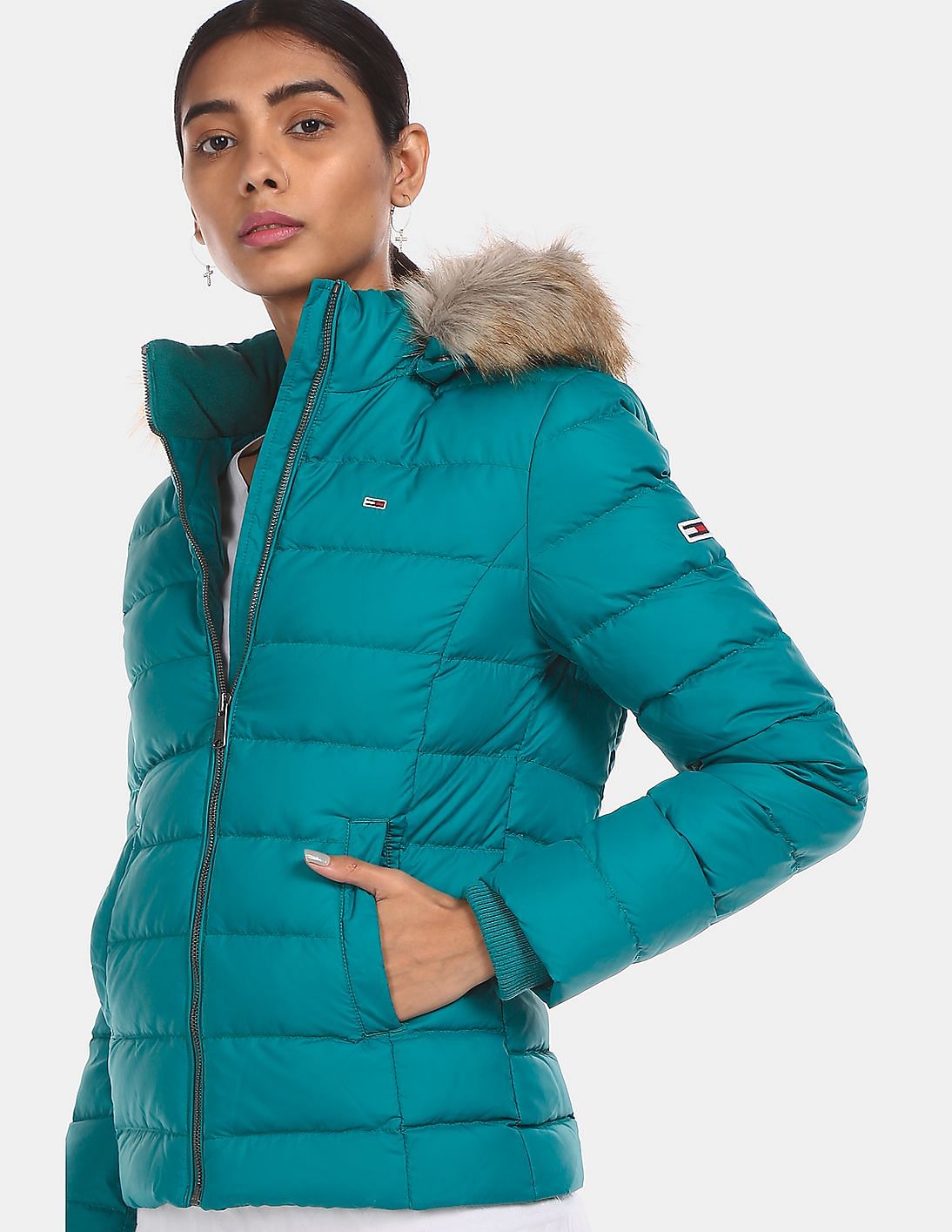 Buy Tommy Hilfiger Women Teal Detachable Hood Quilted Down Jacket ...