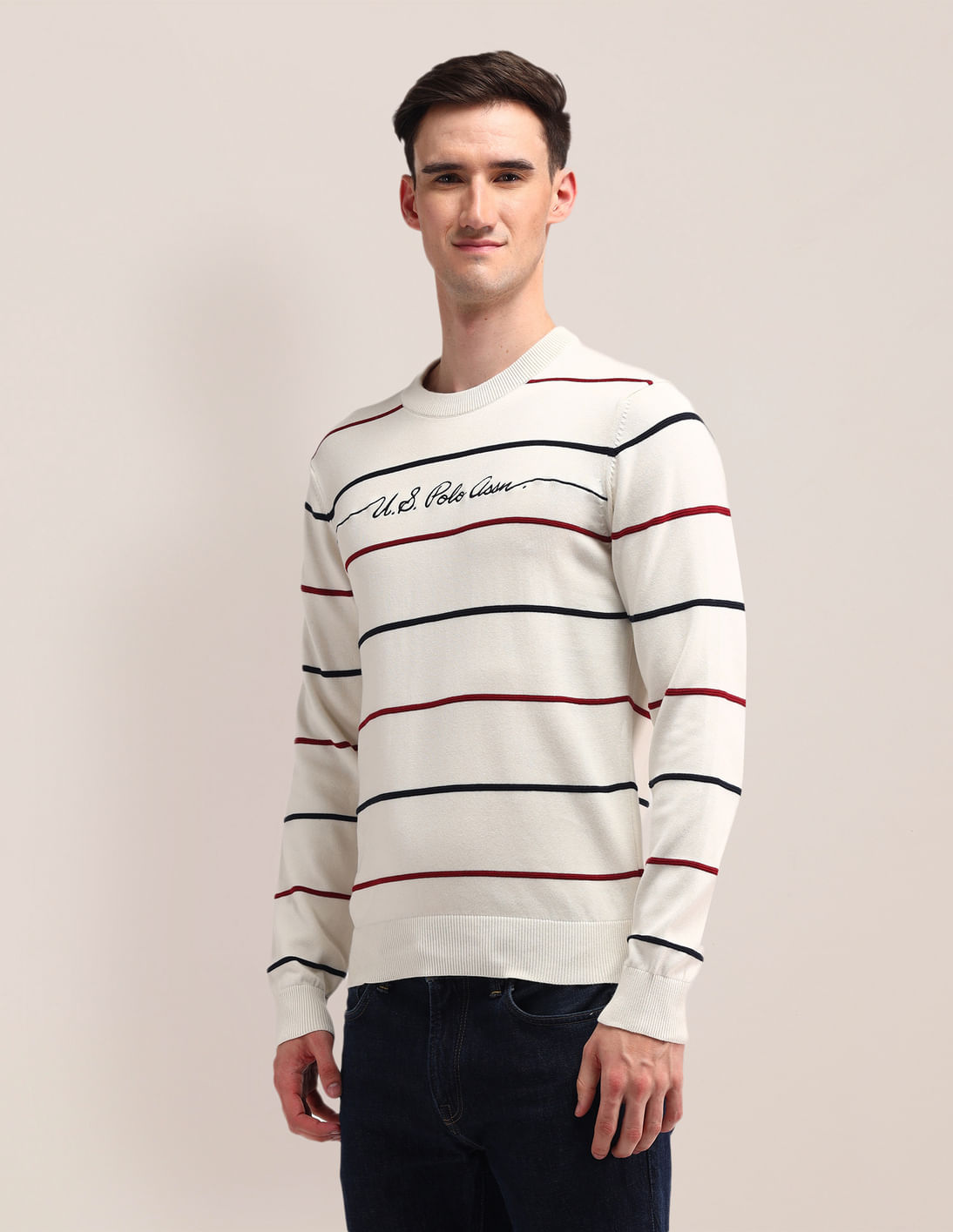 [韓国人気] STRIPE POLO SWEATER atb1286m Striped Polo Sweater [Off White/Olive] | KOWLOON CITY BOY