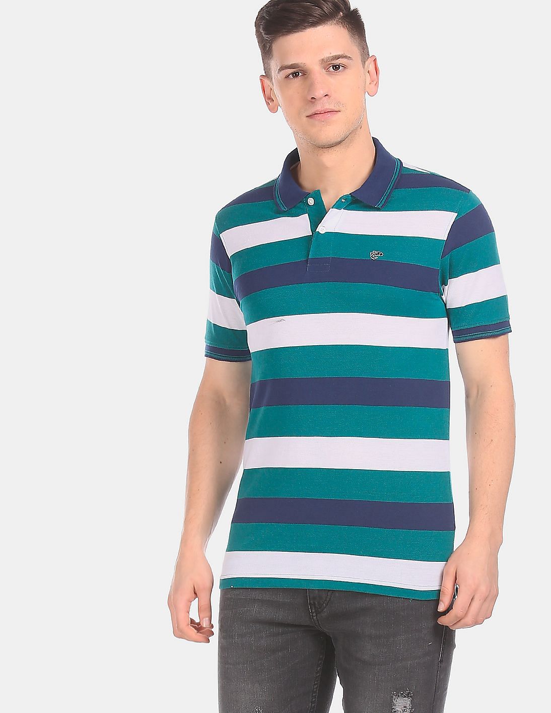 Buy Ruggers Men Teal And White Striped Pique Polo Shirt - NNNOW.com