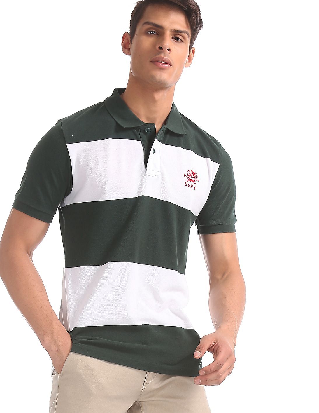 green and white striped polo shirt