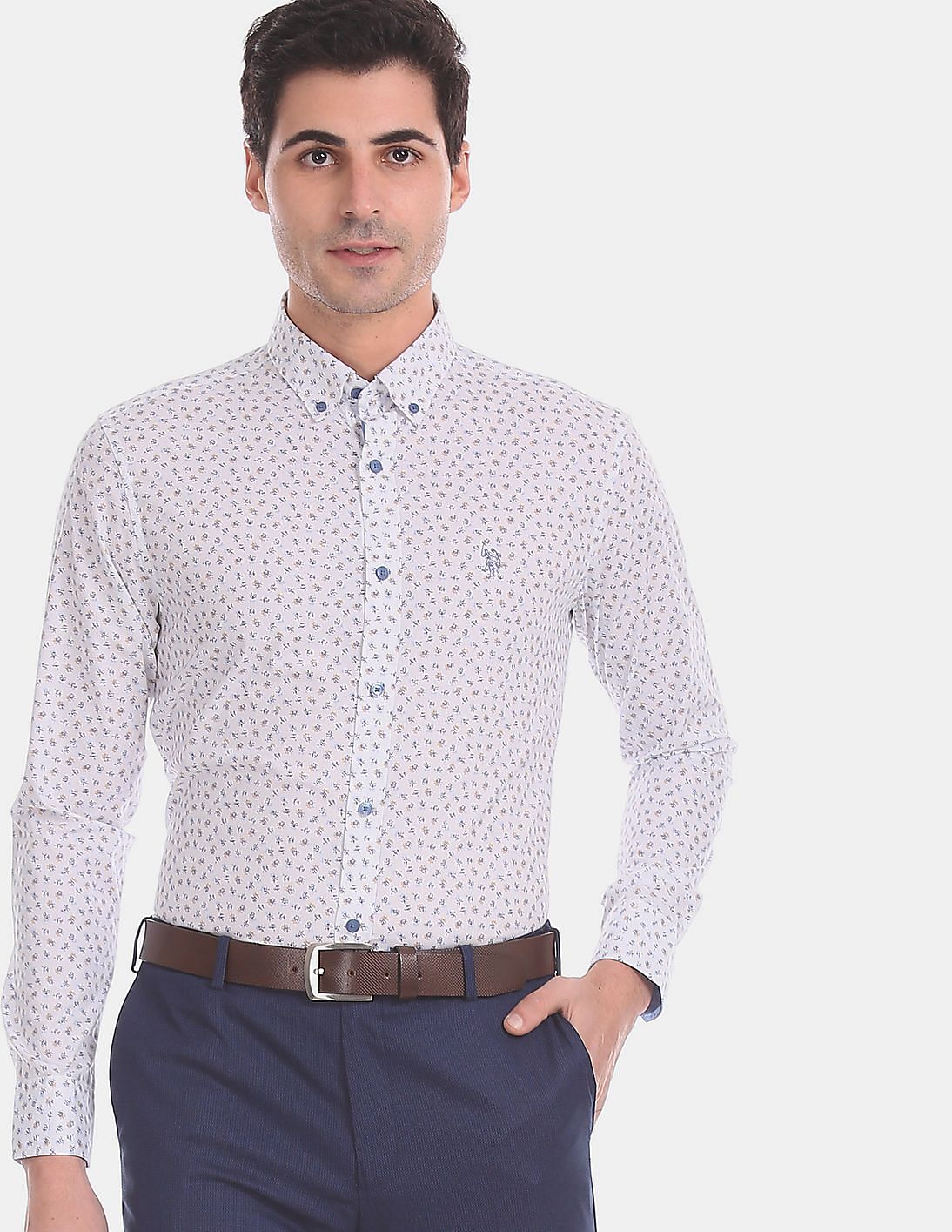 Buy USPA Tailored Men White Button Down Collar Printed Formal Shirt ...
