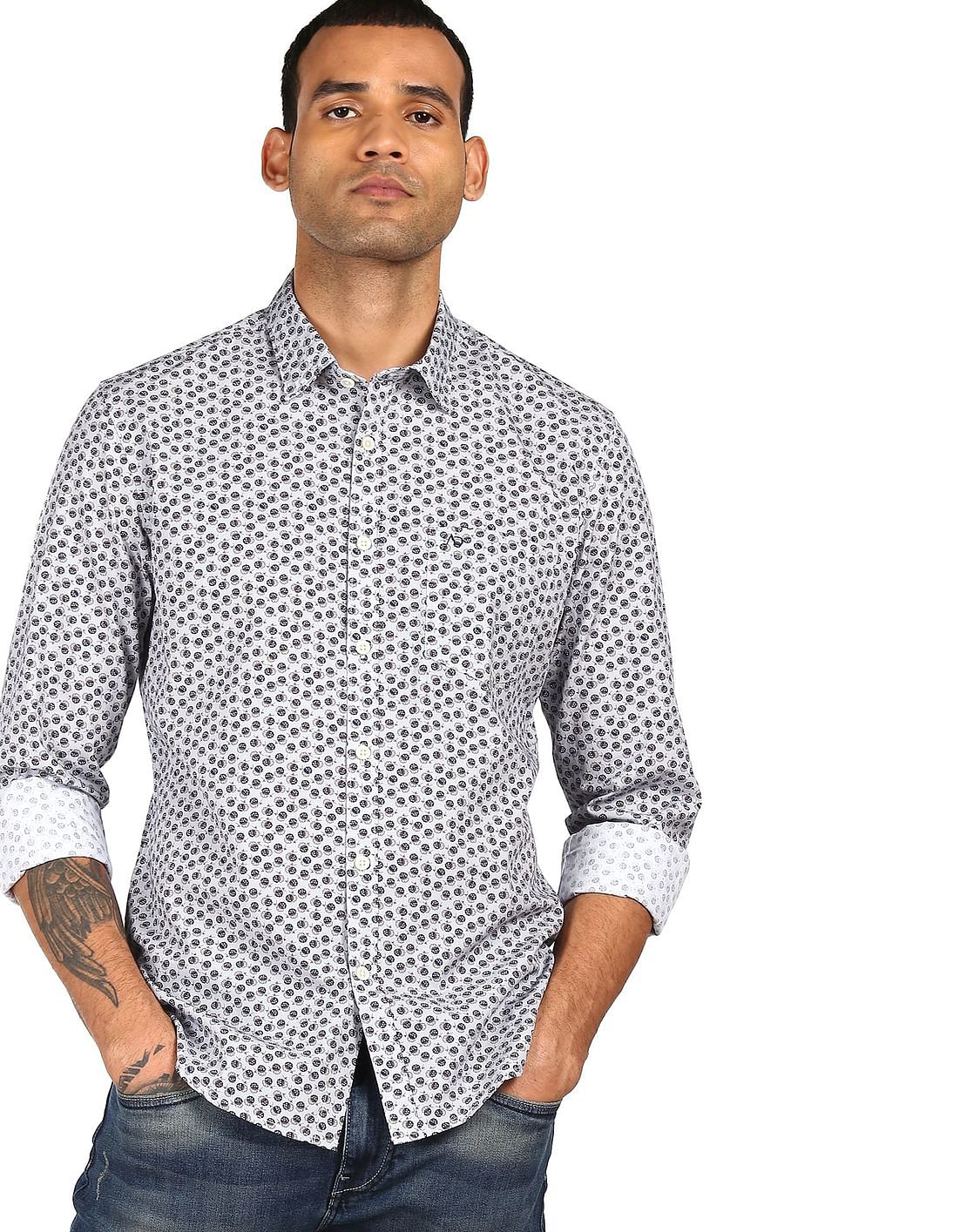 Buy AD by Arvind Men Grey Floral Print Slim Fit Shirt with Patch Pocket ...