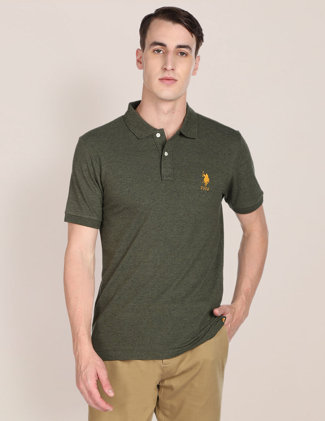 U.S. Polo Assn. Mens Burnt Olive Cotton Long Sleeve Polo Shirt - Green