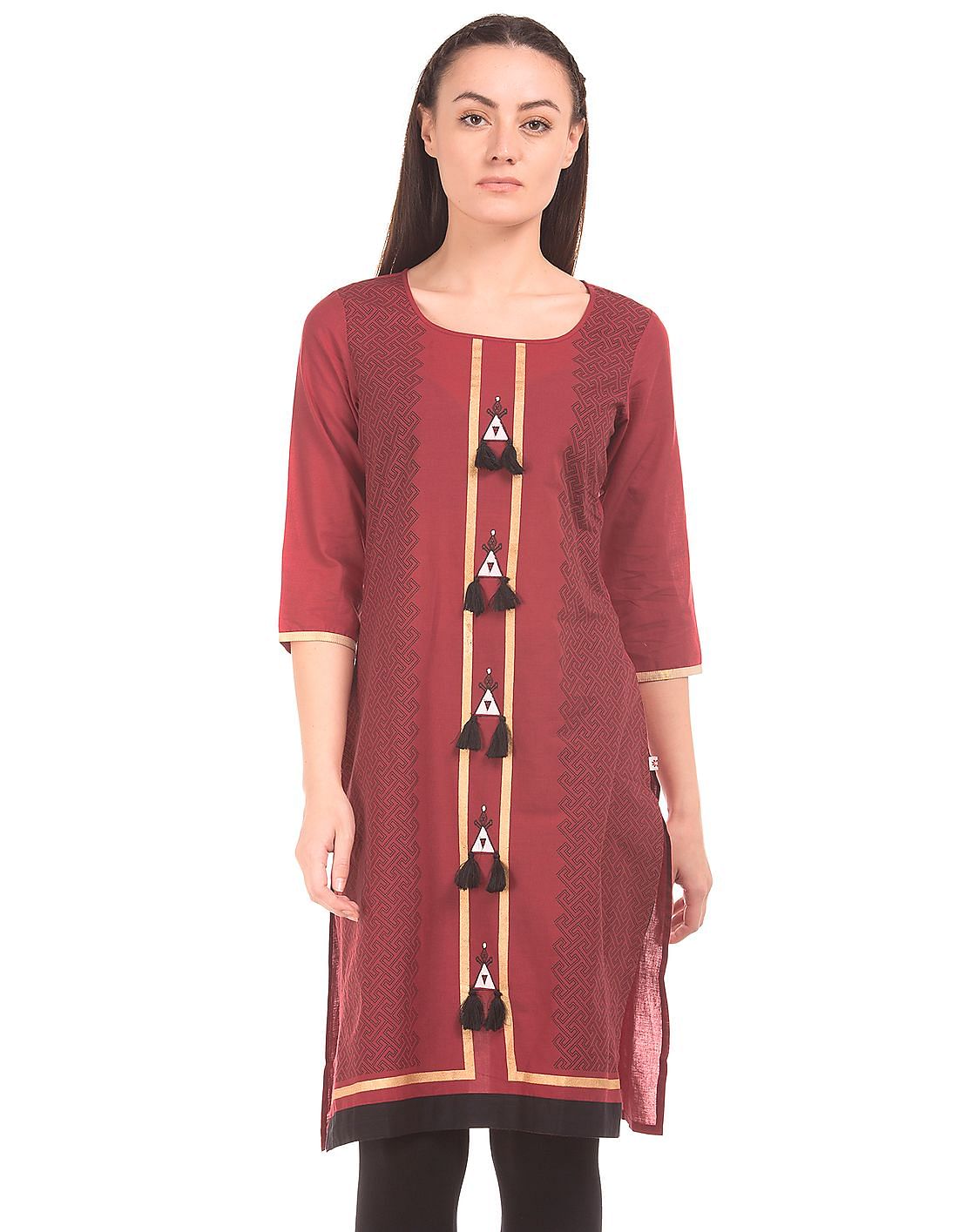 Buy Karigari Tassel Trim Printed Kurta - NNNOW.com