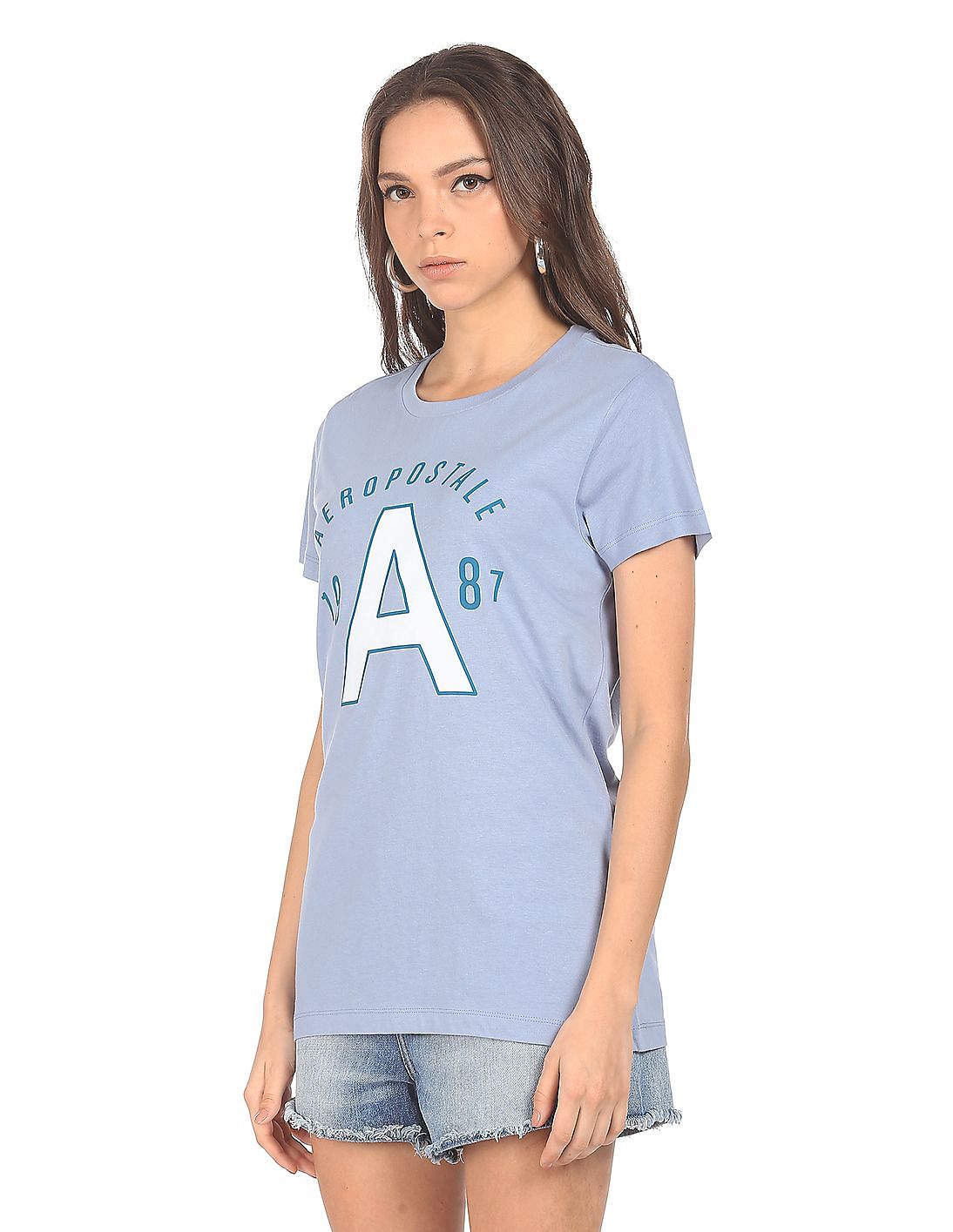 Buy Aeropostale Women Light Blue Round Neck Logo T-Shirt - NNNOW.com