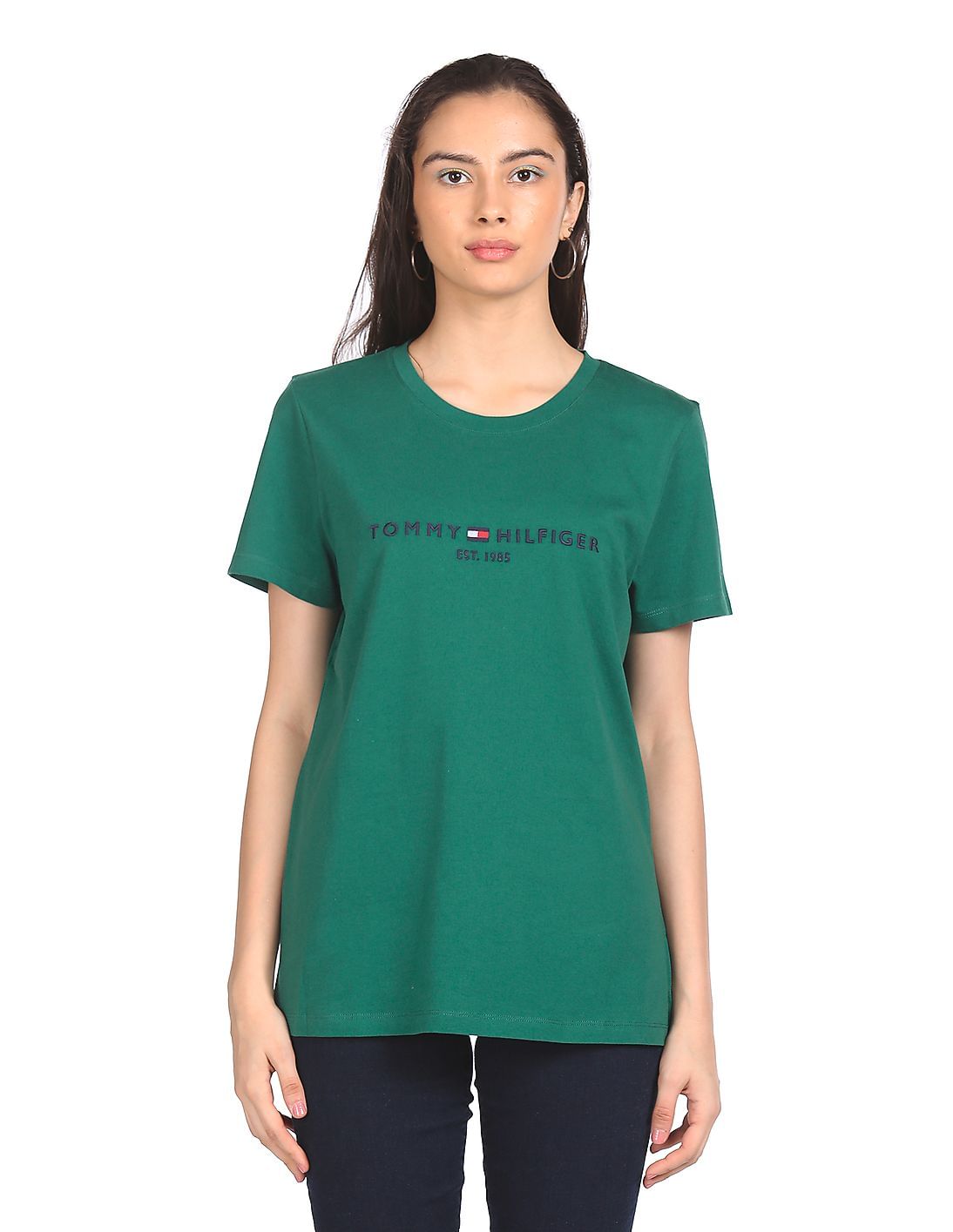 Buy Tommy Hilfiger Women Green Crew Neck Embroidered Logo T Buy Tommy Hilfiger Women Green Crew Neck Embroidered Logo T