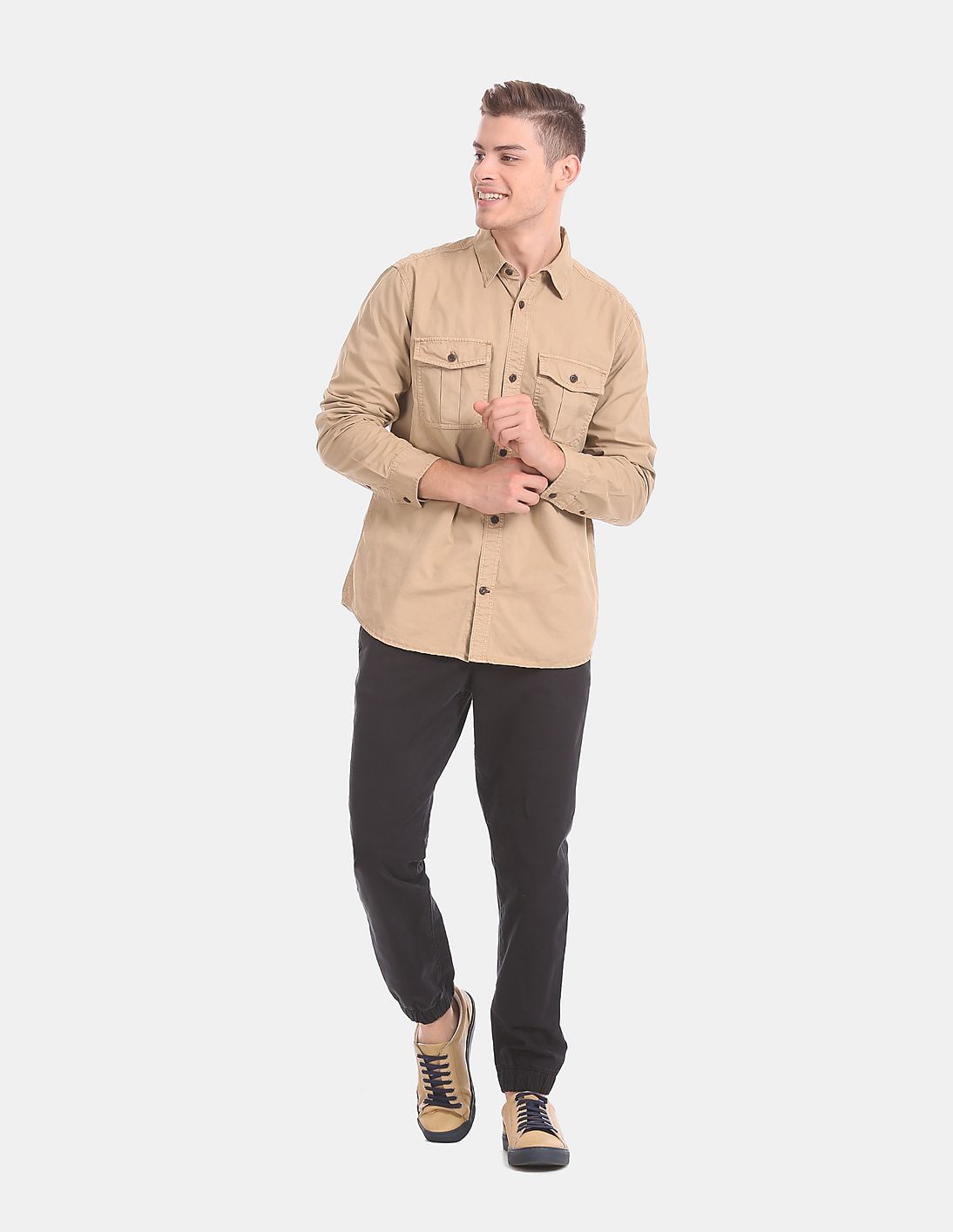 Buy GAP Men Beige Spread Collar Flap Pocket Cotton Twill Casual