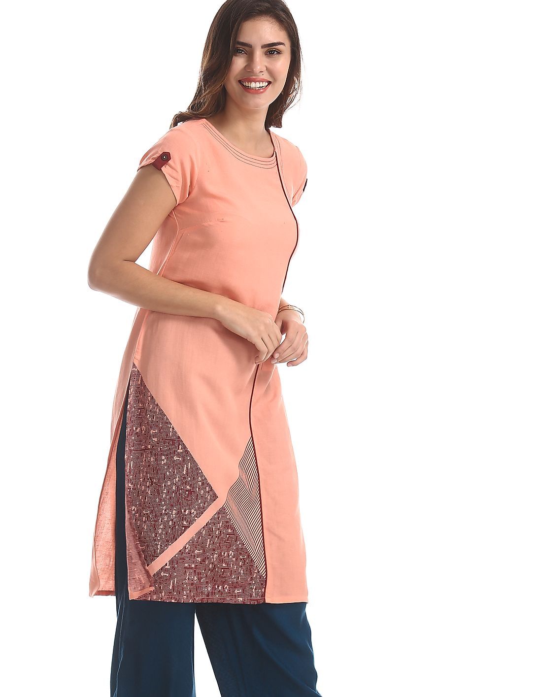 Buy Karigari Pink Short Sleeve Panelled Kurta
