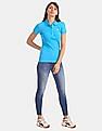 Aeropostale Women Blue Solid Cotton Stretch Pique Polo Shirt