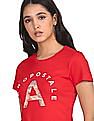 Aeropostale Women Red Ribbed Neck Brand Print T-Shirt