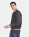 Calvin Klein Men Black Long Sleeve Mix Media Varsity Leather Jacket