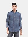 Calvin Klein Men Dark Blue Washed Iconic Denim Double Patch Pocket Casual Shirt