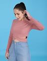 Flying Machine Women Round Neck Solid Stylized Hemline Crop Top