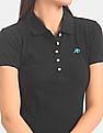 Aeropostale Women Black Short Sleeve Solid Cotton Stretch Polo Shirt